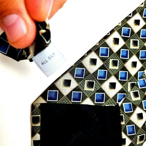 Pierre Cardin Silk Tie Print Green Blue Geometric Wide - Picture 4 of 7